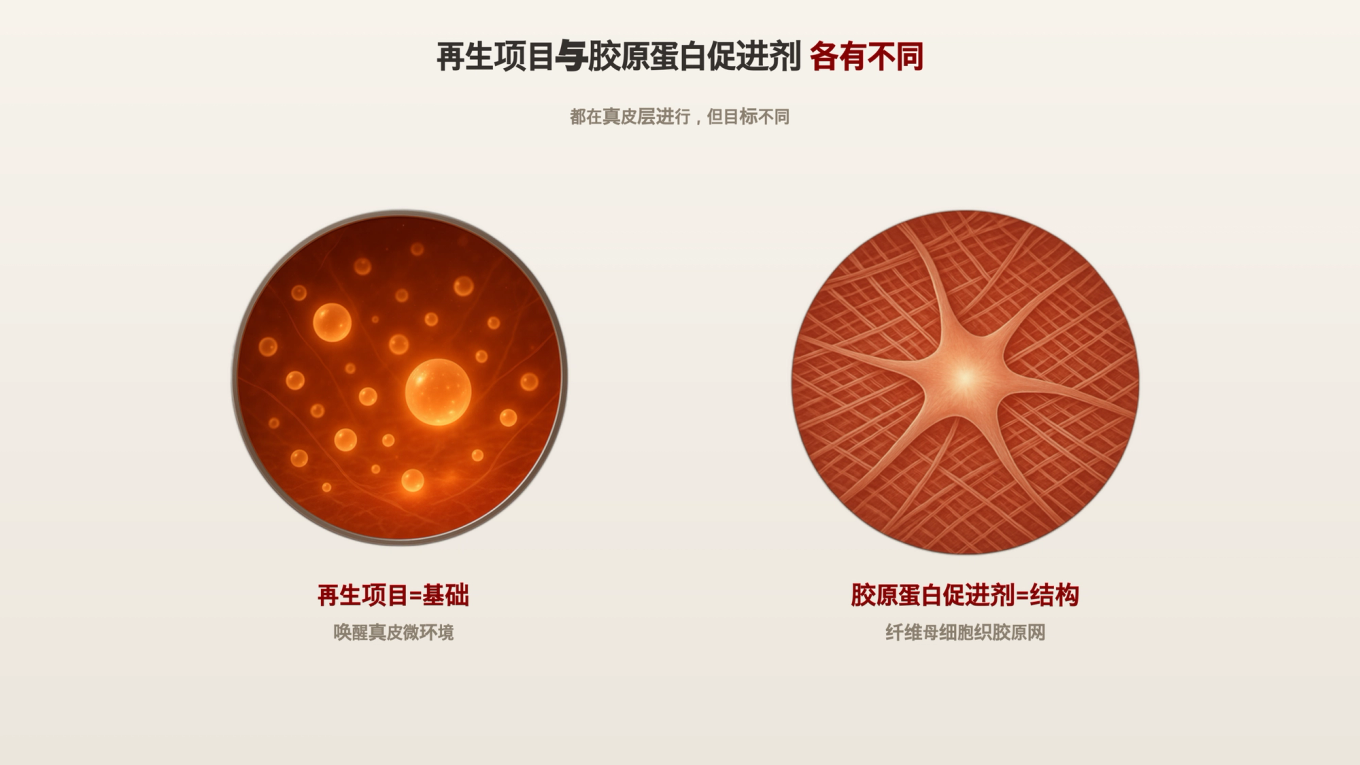 再生治疗激活真皮基础(微环境)与胶原蛋白促进剂通过纤维母细胞搭建胶原蛋白网结构的真皮扩展图示