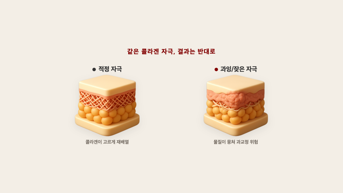 적정 자극을 받은 진피는 콜라겐이 고르게 재배열되고 과잉/잦은 자극을 받은 진피는 물질이 뭉치는 두 경우를 나란히 비교한 단면 모형