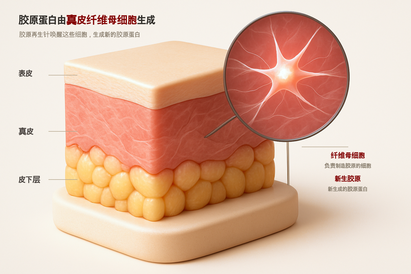真皮层中纤维母细胞的特写，真实的皮肤剖面3D模型示意图