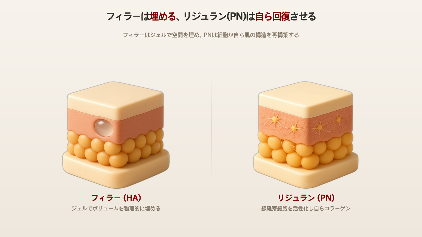 フィラーは真皮にジェルを注入してボリュームを埋め、リジュランのPNは真皮の線維芽細胞とコラーゲン環境を活性化して自ら回復させる