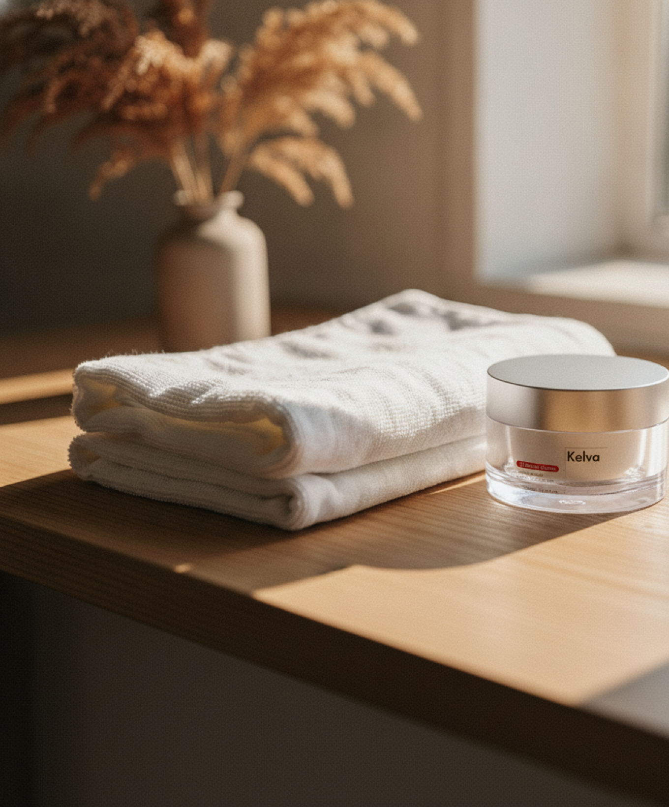 Calm post-treatment care mood shot with a folded white towel and barrier cream by a bright window in early autumn