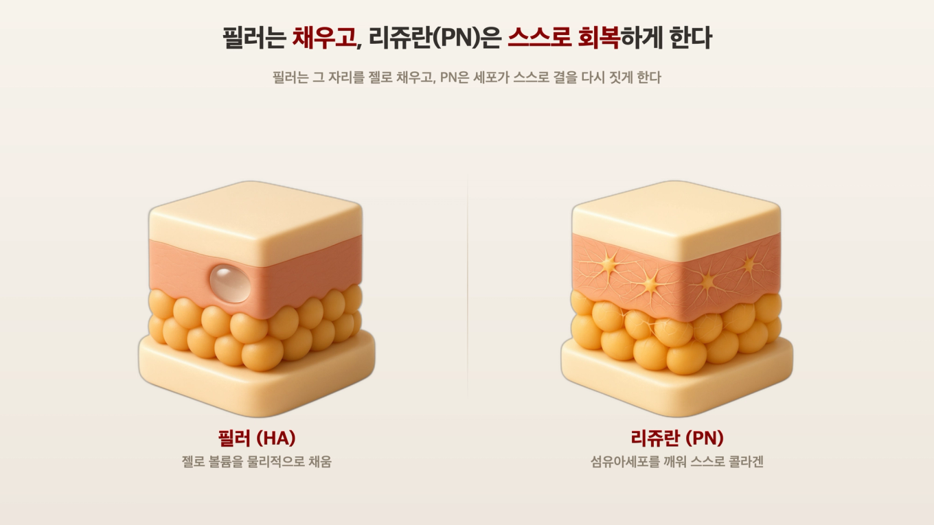 필러는 진피에 젤을 넣어 볼륨을 채우고, 리쥬란의 PN은 진피의 섬유아세포와 콜라겐 환경을 깨워 스스로 회복하게 한다
