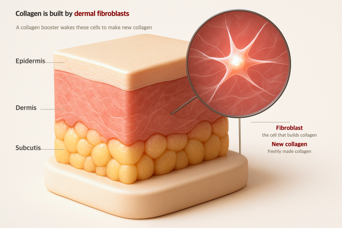 Close-up 3D model of a fibroblast in the dermis, weaving collagen fibers