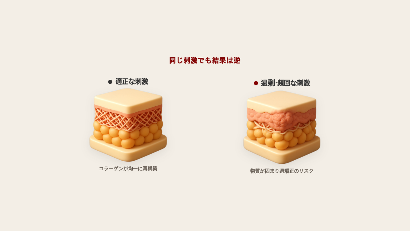 適正な刺激を受けた真皮はコラーゲンが均一に再構築され、過剰・頻回な刺激を受けた真皮は物質が固まる、二つのケースを並べて比べた断面モデル