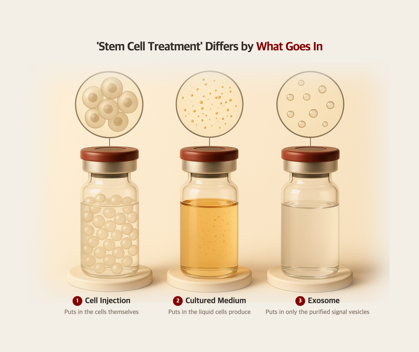 Diagram illustrating how stem cell procedures are divided into cell injections, cultured medium, and exosomes