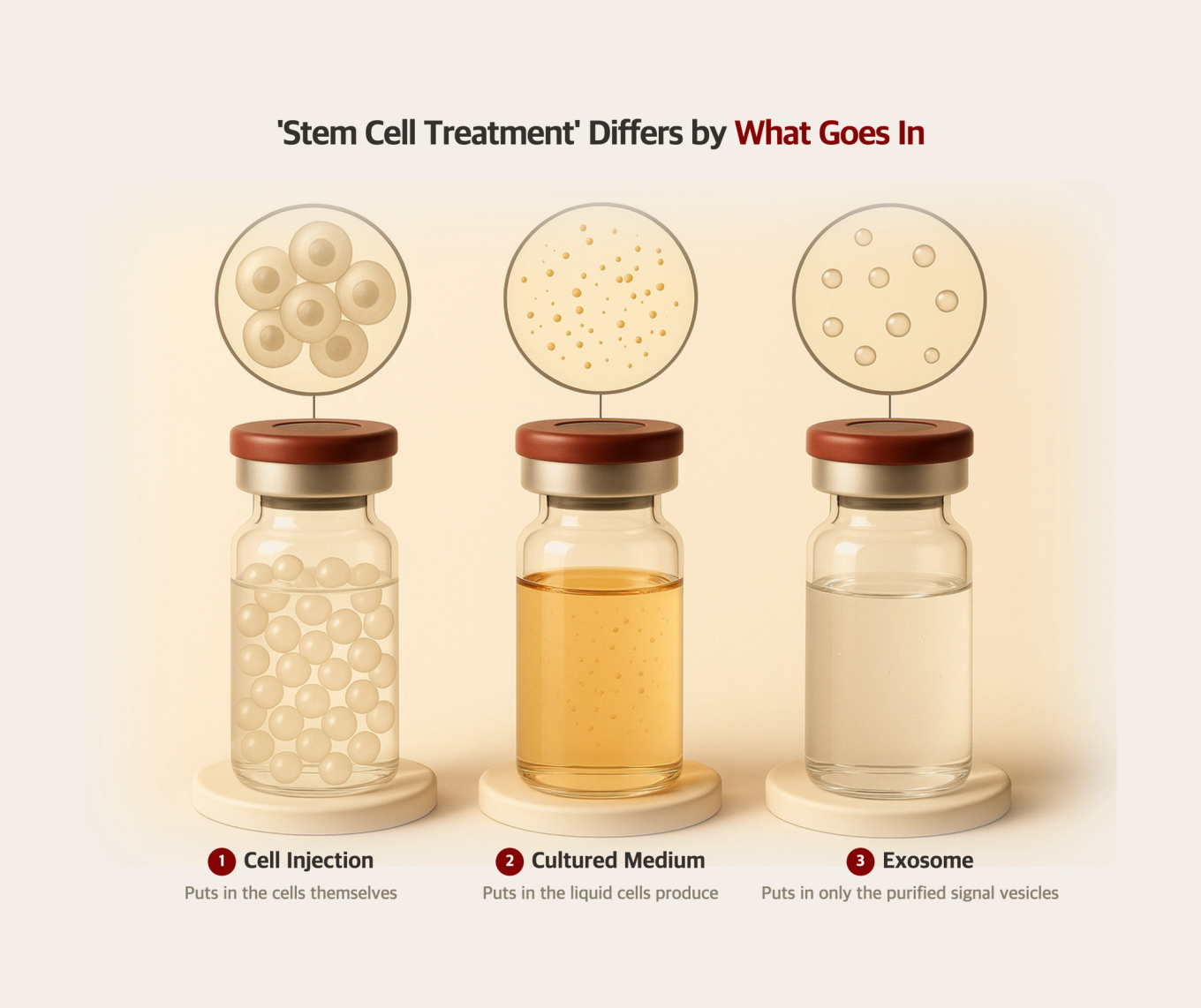 Diagram illustrating how stem cell procedures are divided into cell injections, cultured medium, and exosomes