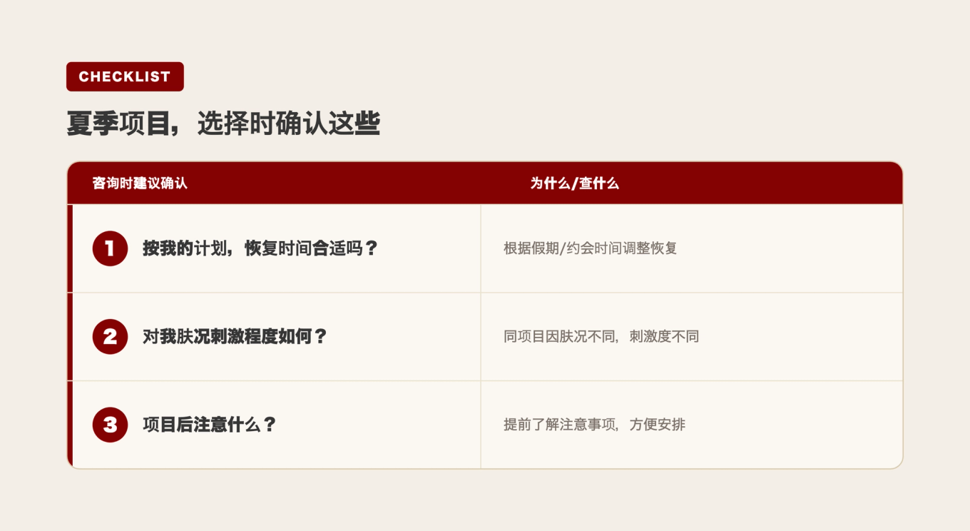 选择夏季项目时咨询时确认的三个问题表