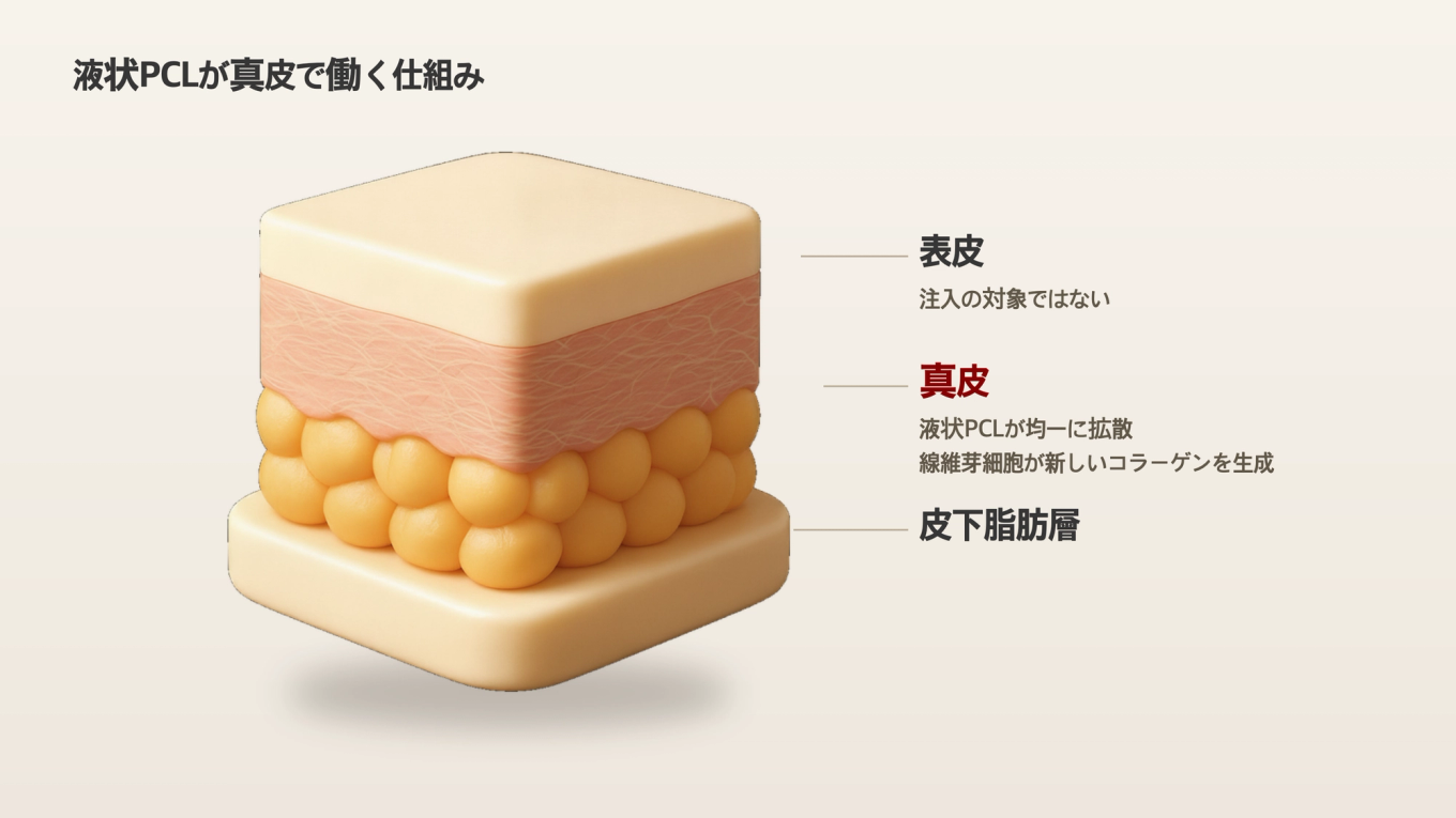表皮と脂肪層の間にある真皮の断面 - 液状PCLが注入されて広がる層