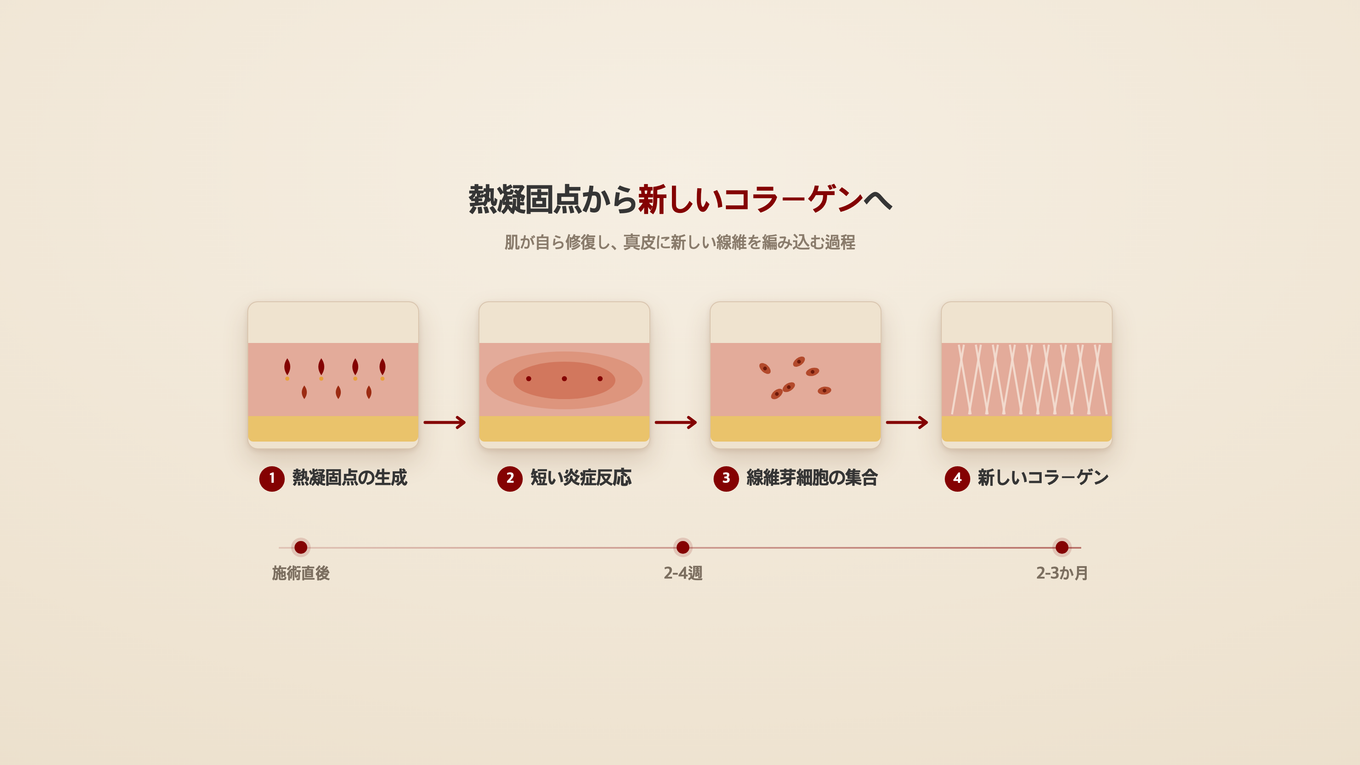 熱凝固点ができると線維芽細胞が集まり、数週間から数ヶ月かけて新しいコラーゲンを編んでいく