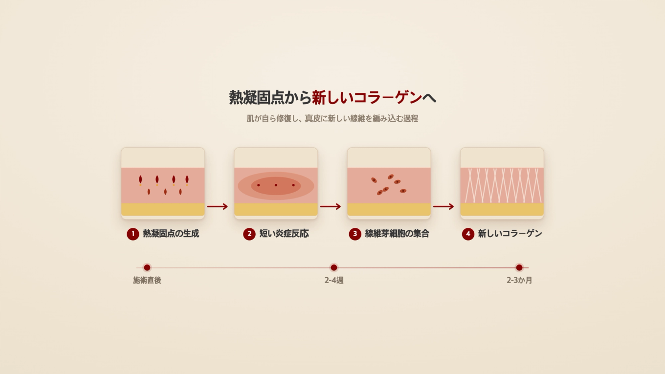 熱凝固点ができると線維芽細胞が集まり、数週間から数ヶ月かけて新しいコラーゲンを編んでいく