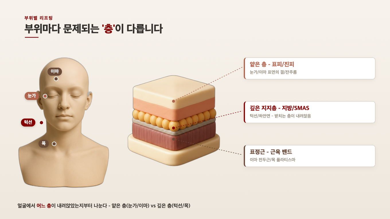 이마와 눈가는 얕은 층의 문제, 턱선과 목은 SMAS 같은 깊은 지지층까지 내려앉은 문제라 부위마다 문제되는 피부 층이 다르다