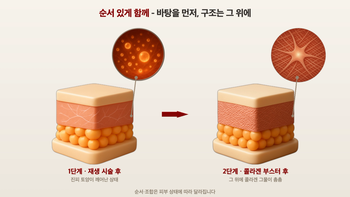 재생 시술로 바탕을 준비한 뒤 콜라겐 부스터로 구조를 세우는 기초에서 보강으로 이어지는 2단계 타임라인 도식