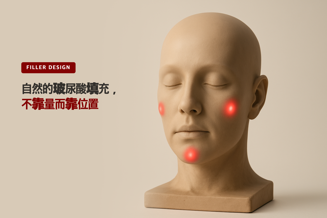 正面3D面部模型在双侧颧骨和下巴三个关键支撑点标有深红色标记,叠加标题说明自然填充靠的是位置与向量设计而非数量的缩略图