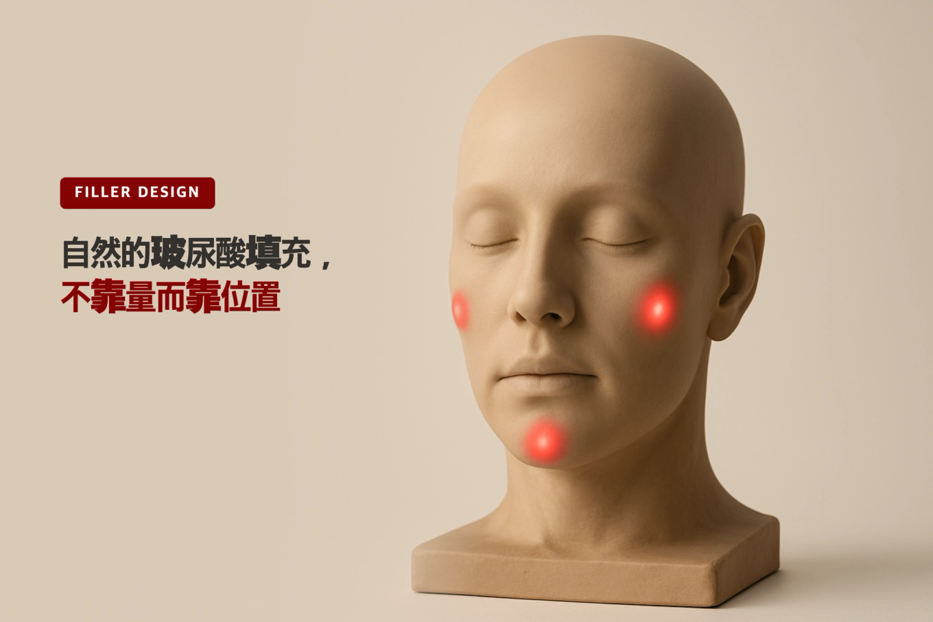 正面3D面部模型在双侧颧骨和下巴三个关键支撑点标有深红色标记，叠加标题说明自然填充靠的是位置与向量设计而非数量的缩略图