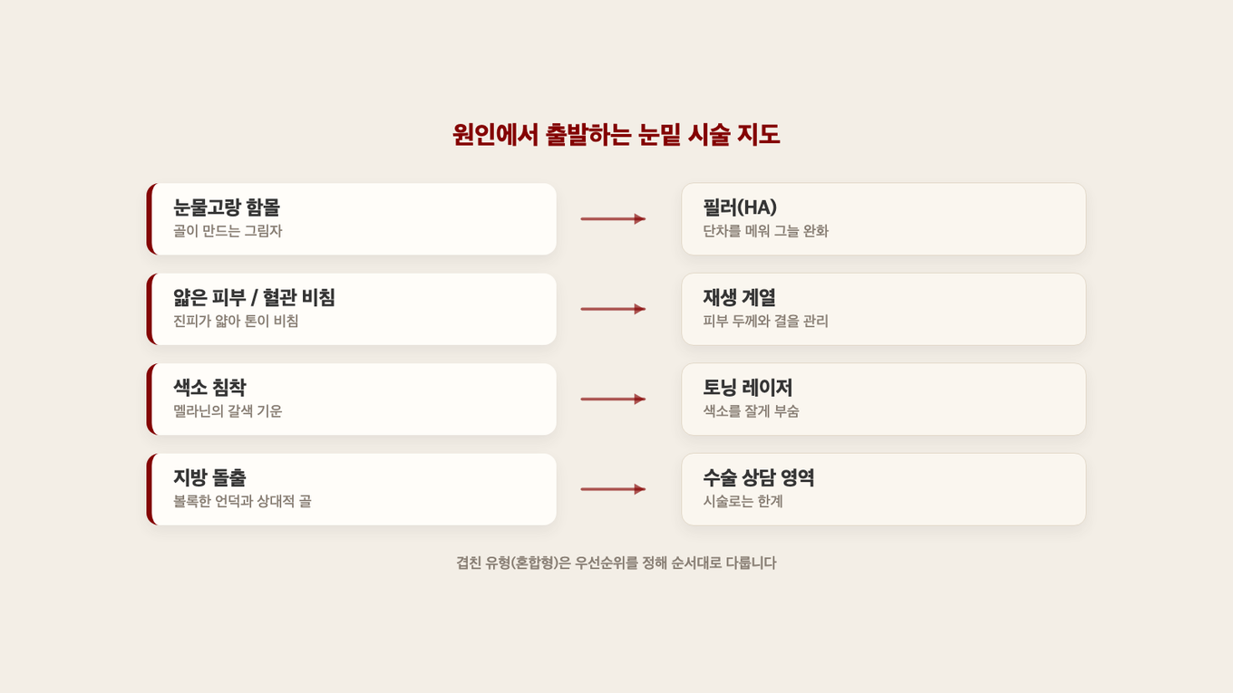 내 눈밑 유형에서 출발해 접근을 고르면 순서가 선다 - 함몰은 필러, 비침은 재생, 색소는 레이저, 돌출은 수술 상담
