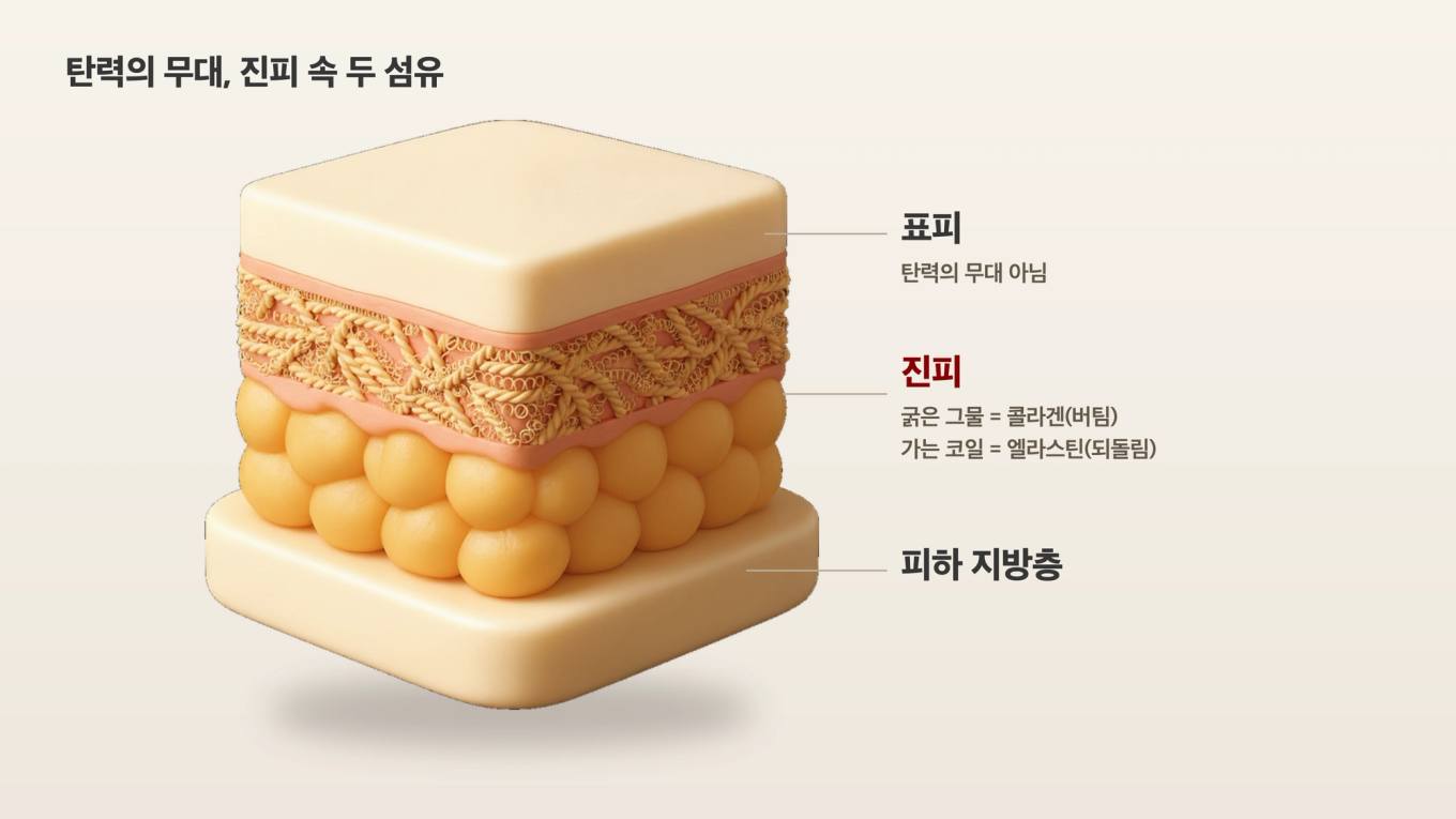 진피 속에서 콜라겐 그물이 형태를 버티고 엘라스틴 용수철이 늘어난 피부를 되돌리는 구조