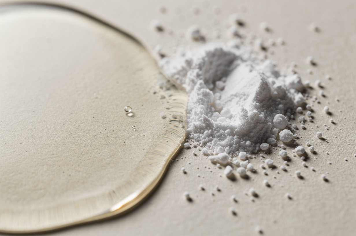 Abstract macro photo contrasting two material forms - smooth transparent liquid and fine white powder granules