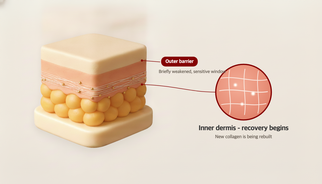 Right after a treatment, the dermis begins rebuilding collagen while the outer barrier is briefly weakened - a recovery window to protect