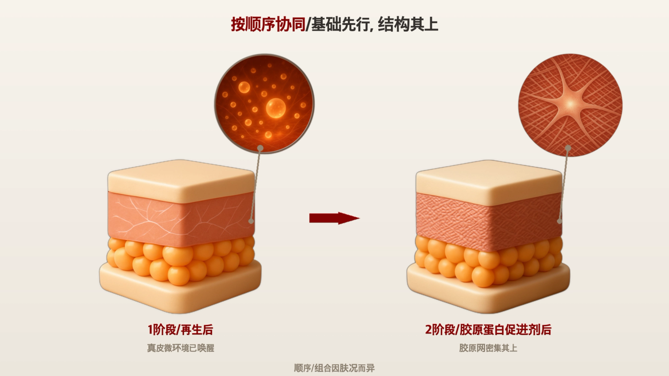 再生治疗准备基础后通过胶原蛋白促进剂搭建结构的基础到加强的两步时间线图示