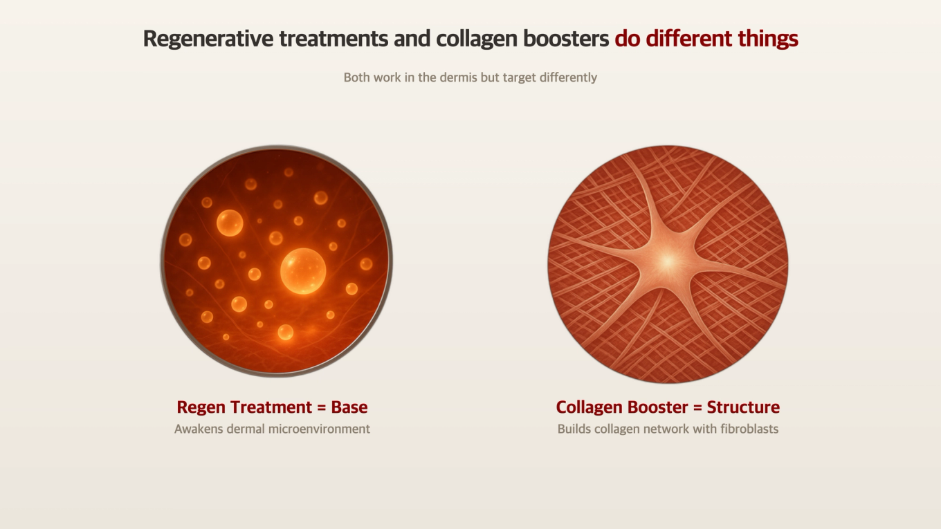 Diagram contrasting regenerative treatment activating the dermal foundation (microenvironment) and collagen booster stimulating fibroblasts to weave collagen structures in the dermis