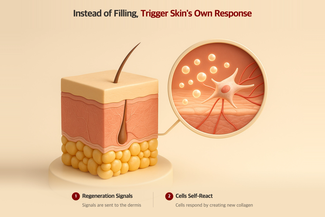Realistic 3D medical diagram showing the principle of cells responding to regenerative signals delivered to the dermis with a model of skin cross-section and magnified callout.