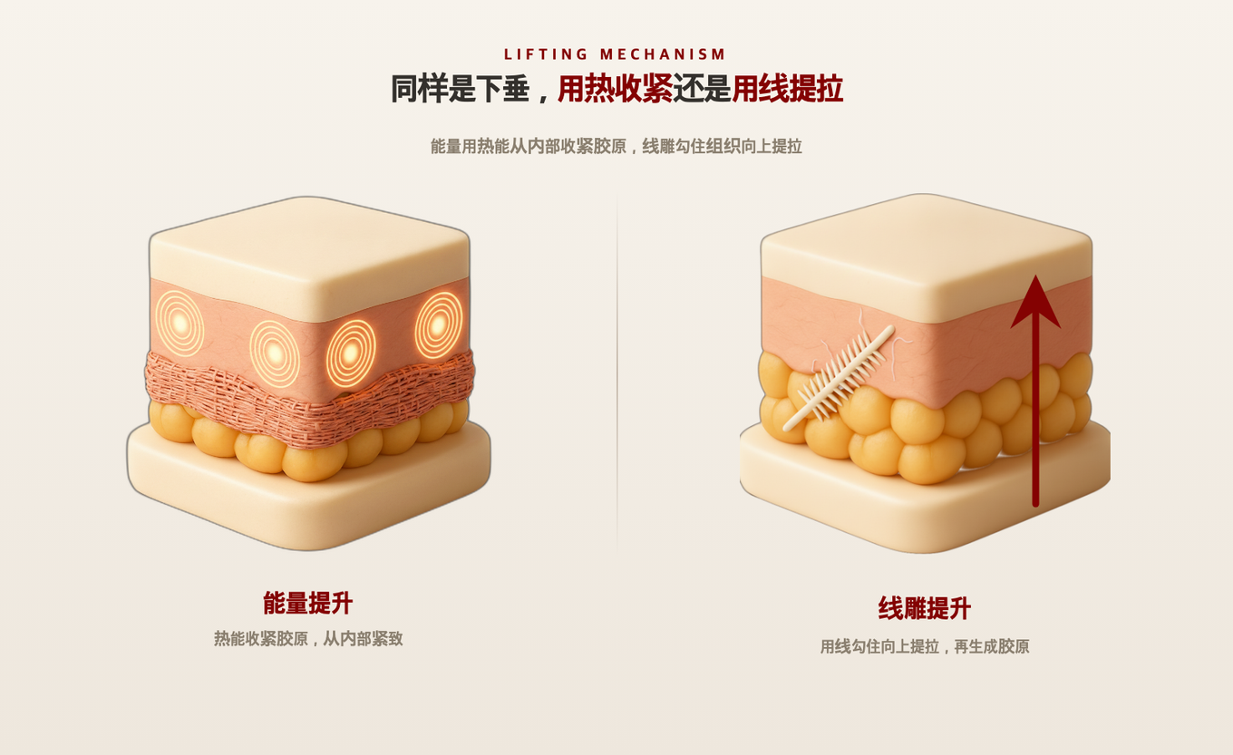 比较能量提升和线雕在皮肤上的作用方式的皮肤剖面3D模型