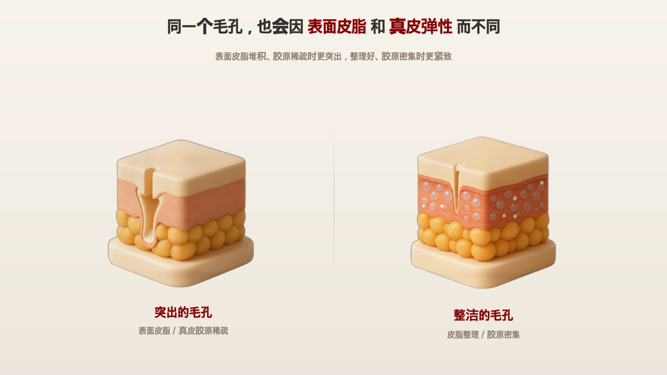 表面张开的毛孔，是真皮胶原减少；紧致的毛孔，是真皮胶原密集