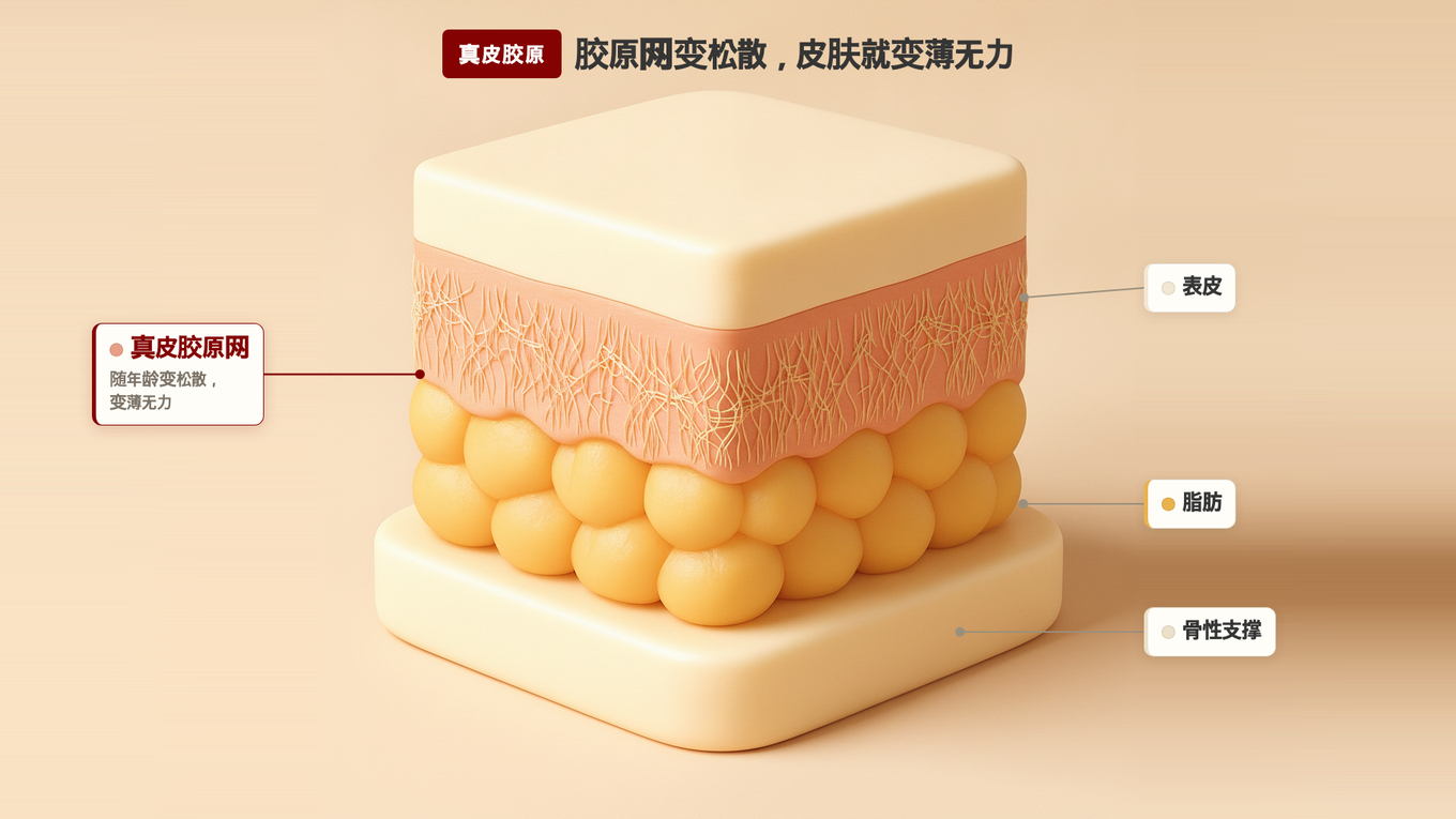 真皮层的胶原纤维网年轻时致密，但随着年龄增长变得松散，变薄无力