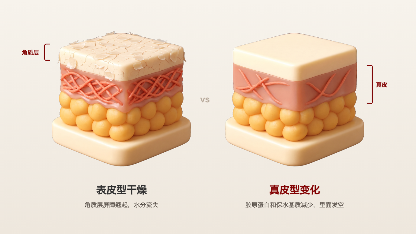 左边皮肤最外层的角质层翘起、有细小裂纹;右边皮肤表面平整,但下面真皮里的胶原蛋白变得稀疏
