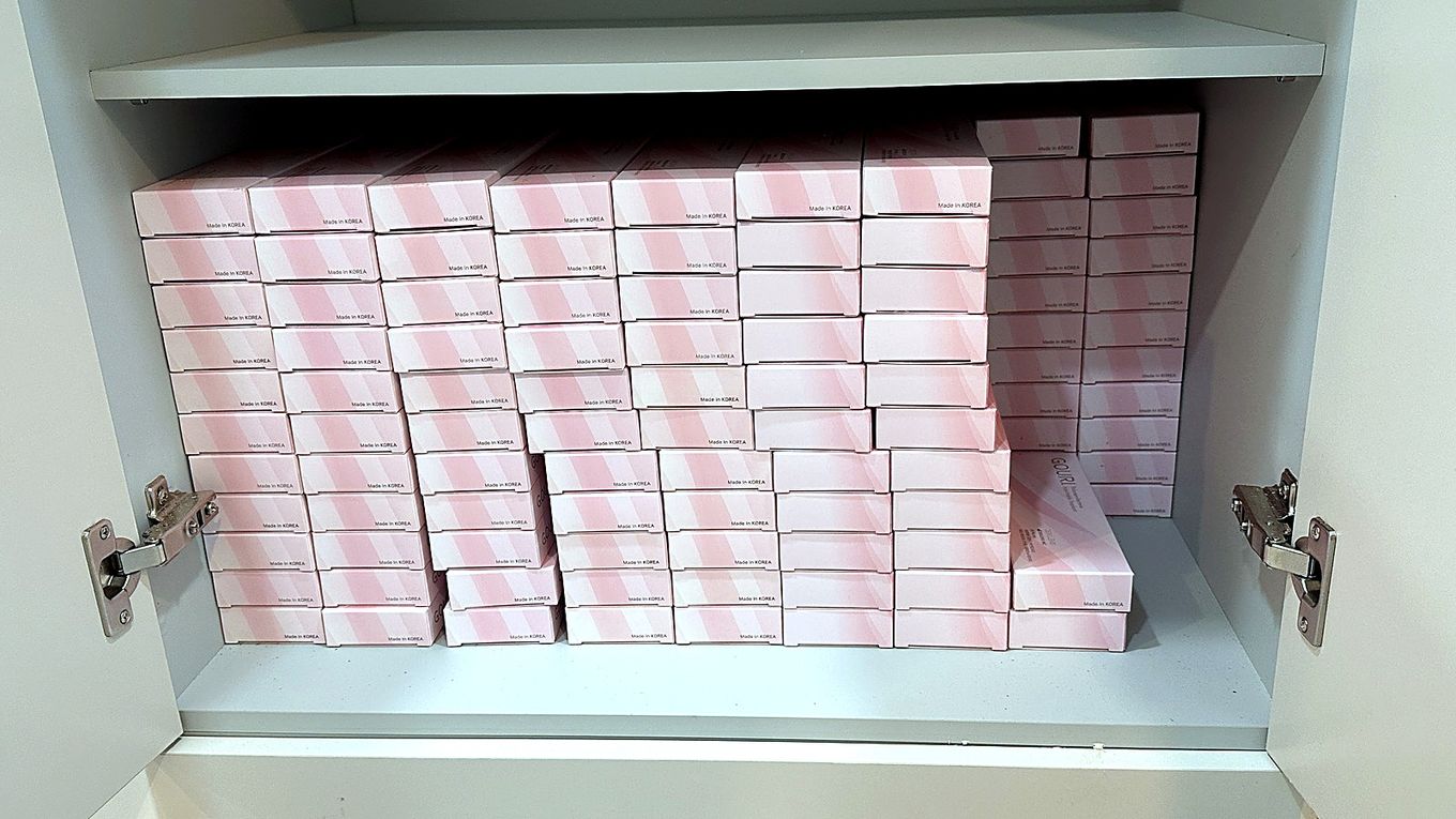 Genuine GOURI stock arranged in the storage cabinet at our Myeongdong clinic - the actual product used in treatments, shown as is