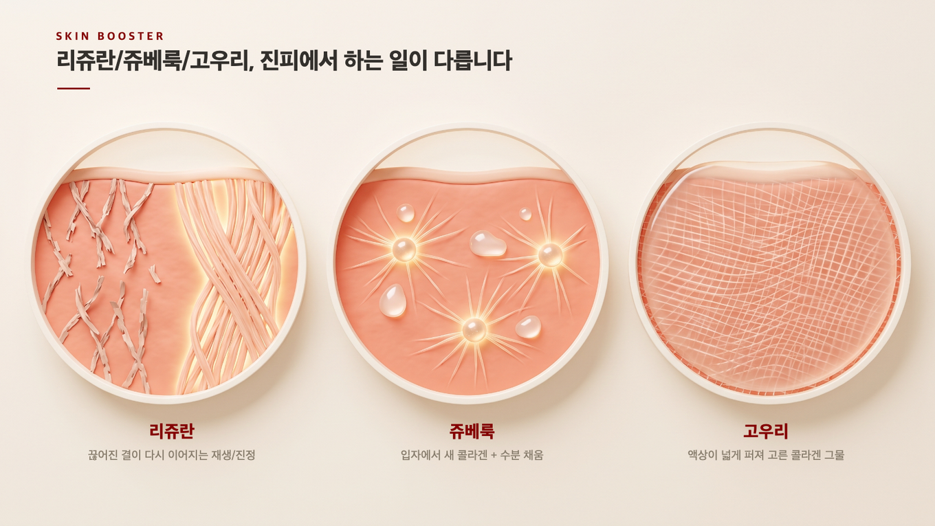 리쥬란은 조직 재생, 쥬베룩은 콜라겐 생성과 수분, 고우리는 넓게 콜라겐을 늘려 탄력을 겨냥한다
