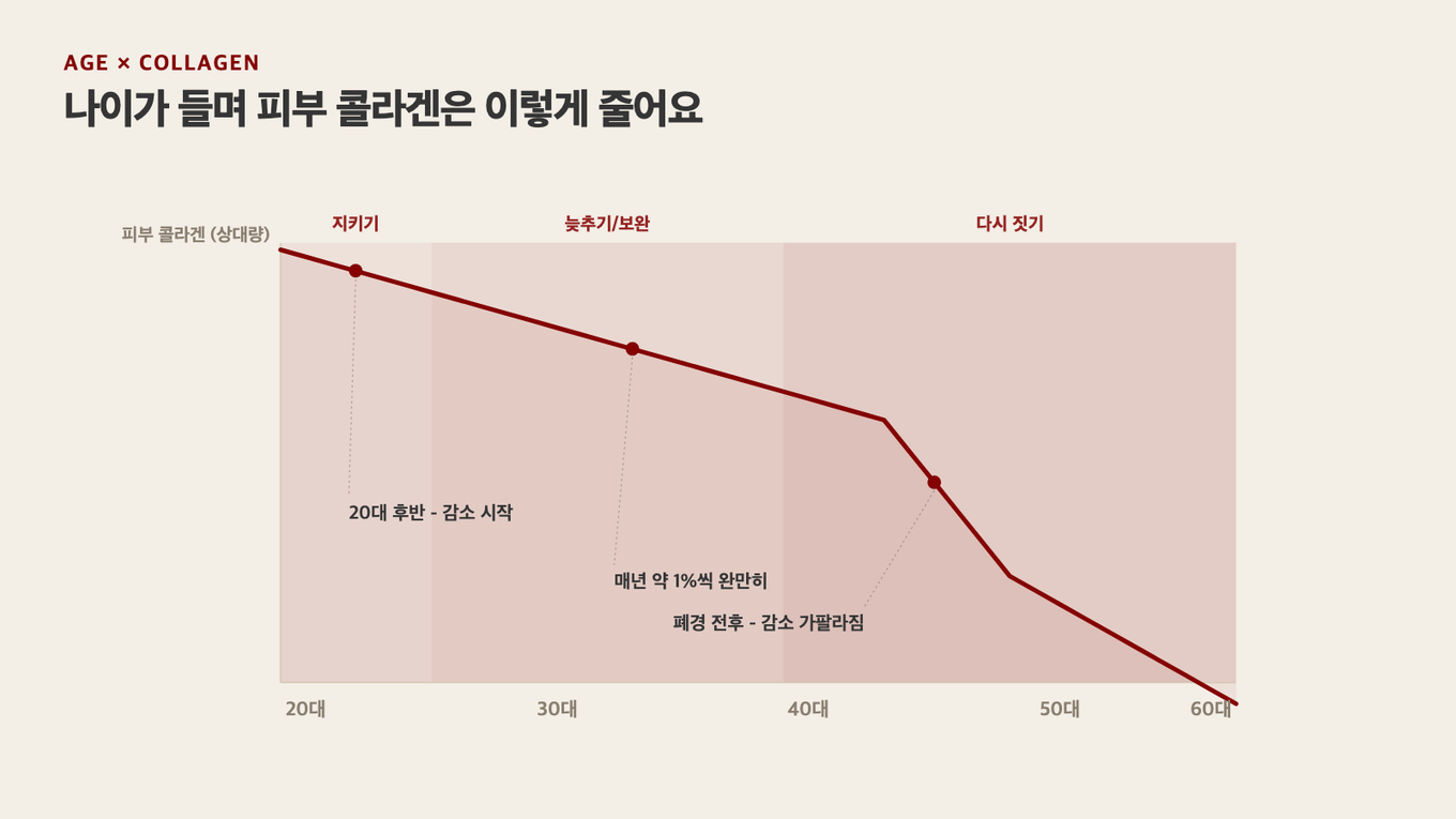 나이가 들며 피부 콜라겐이 20대 중후반부터 서서히 줄고 폐경 전후에 더 가팔라진다