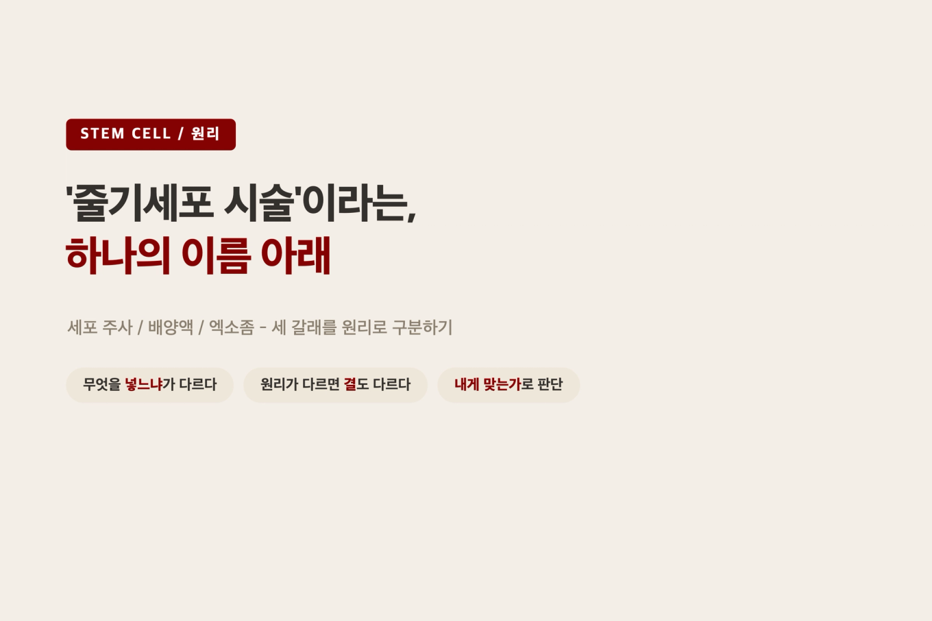 줄기세포 시술이 세포 주사와 배양액과 엑소좀으로 나뉜다는 것을 세 갈래로 정리한 원리 설명 타이틀 배너