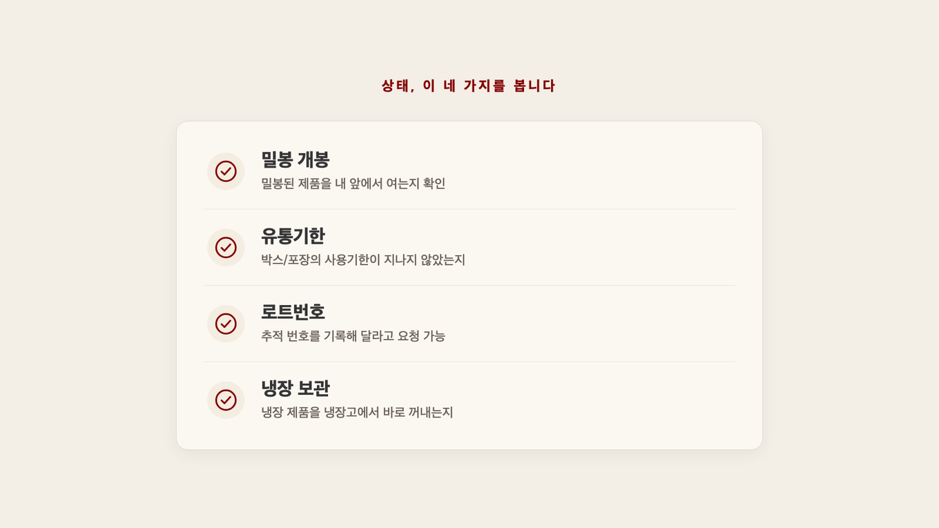 밀봉 개봉, 유통기한, 로트번호, 냉장 보관을 확인하는 상태 점검 체크리스트