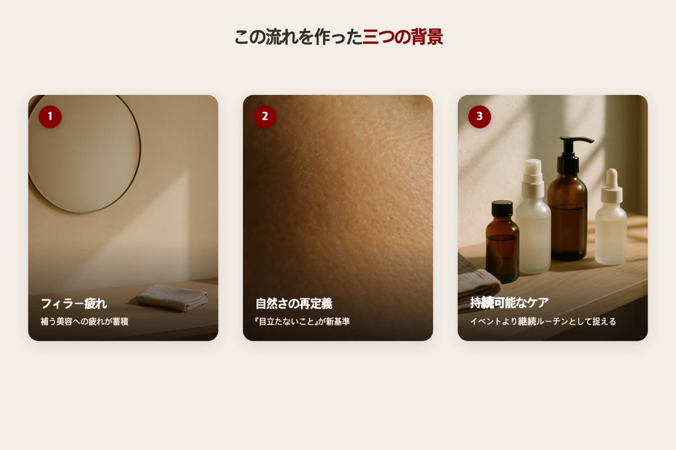 鏡の前に整えられた静物と健康なすっぴん肌、デイリースキンケアアイテムを並べて再生トレンドを作った三つの背景を示すリアルなトリプティック