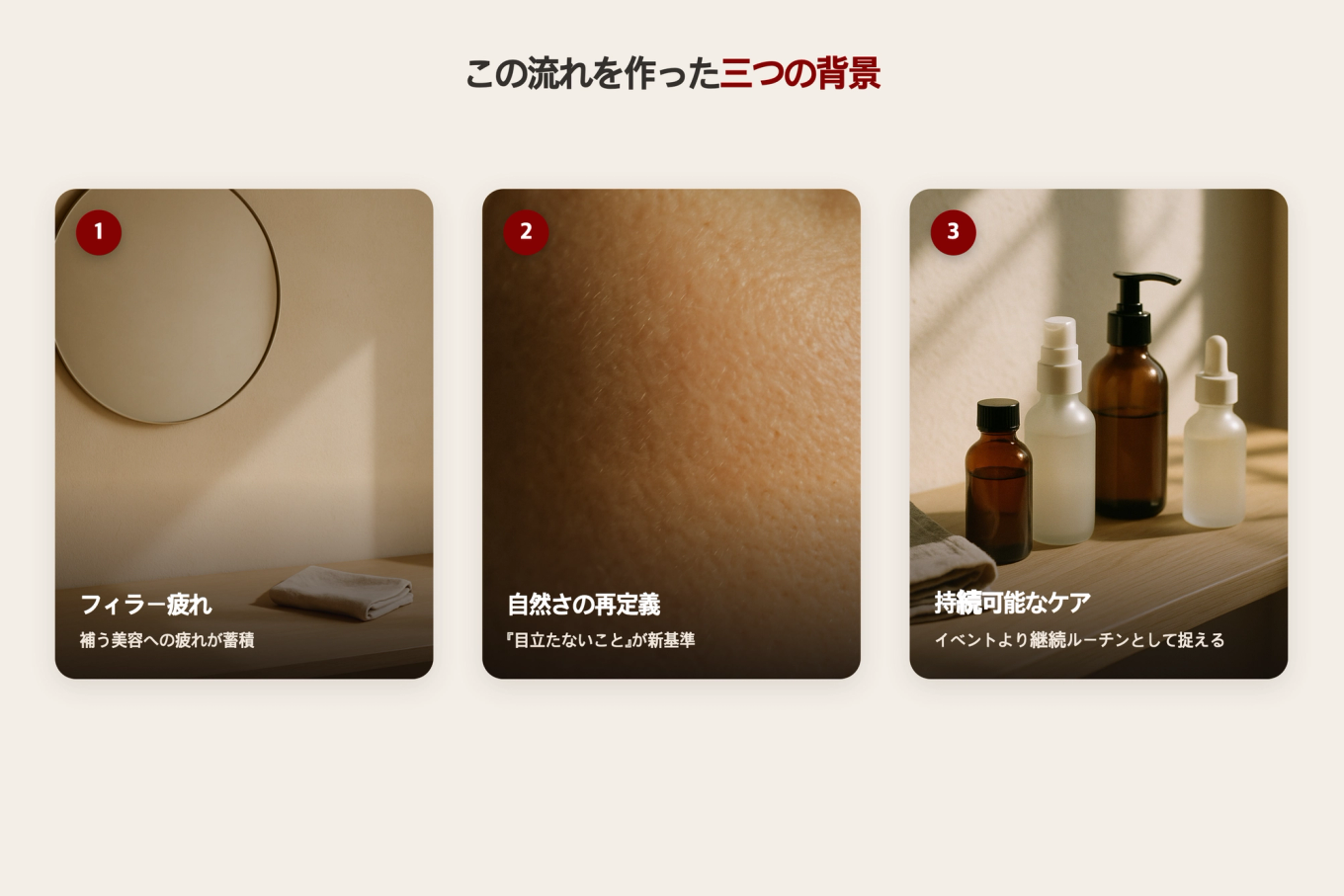 鏡の前に整えられた静物と健康なすっぴん肌、デイリースキンケアアイテムを並べて再生トレンドを作った三つの背景を示すリアルなトリプティック