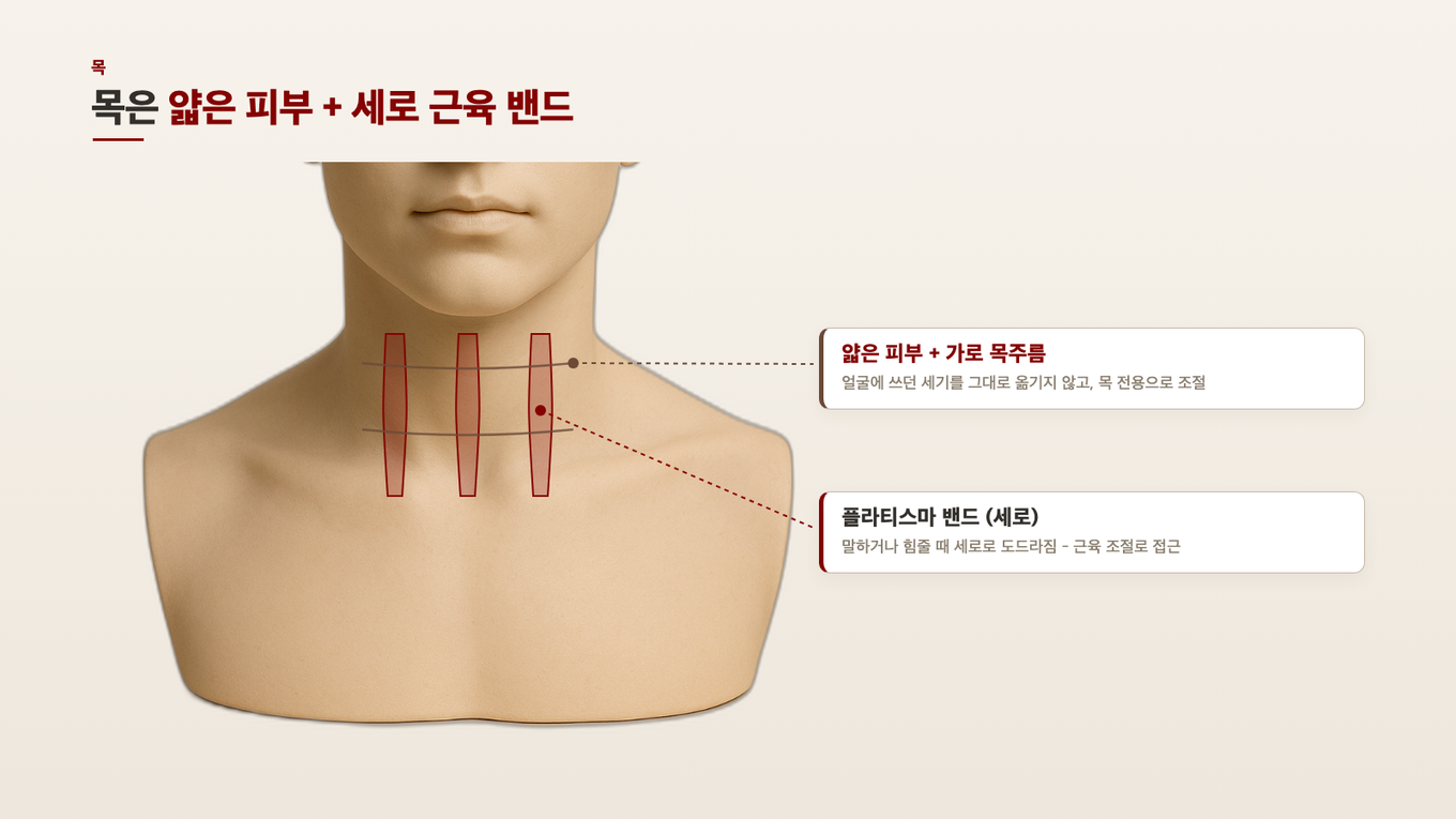 목은 말할 때 세로로 서는 플라티스마 근육 밴드와 얇은 피부, 가로 목주름이 겹쳐 얼굴과는 다른 접근이 필요하다