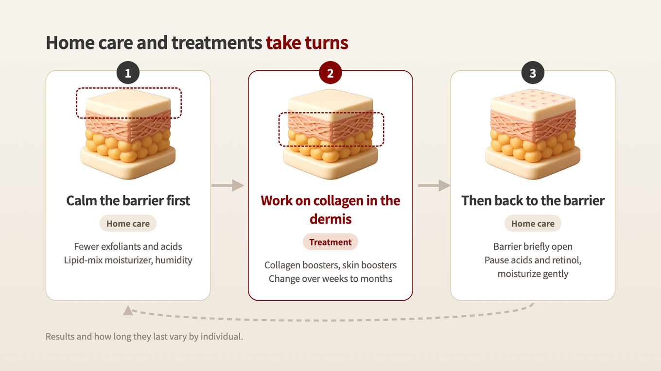 Calm the barrier first, work on collagen with a dermal treatment, then protect the barrier again right after treatment