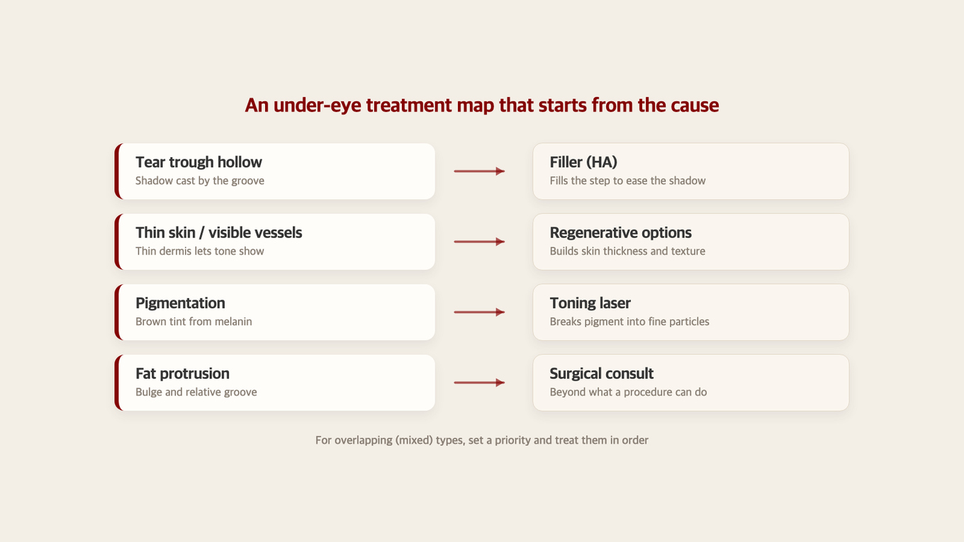 Start with your under-eye type to map out treatment options - hollows need fillers, visibility needs regeneration, pigmentation needs lasers, protrusions need surgery