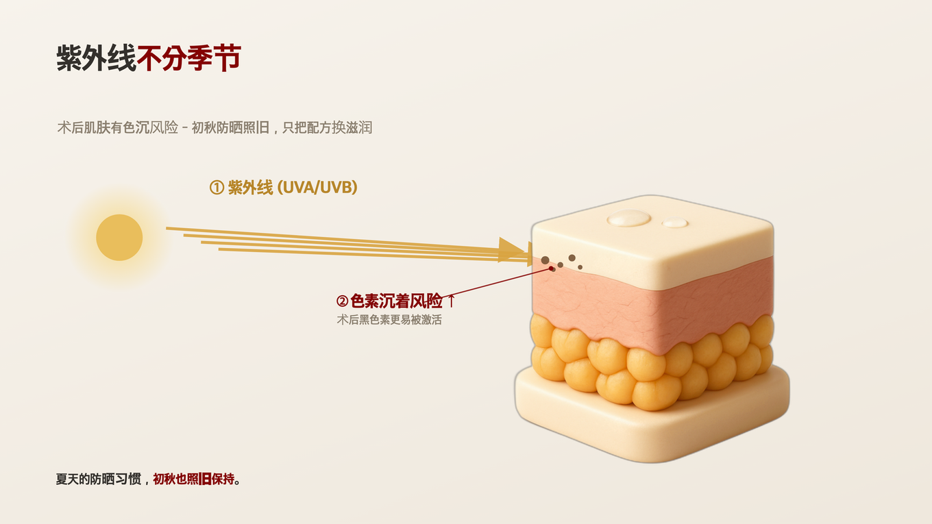 紫外线(UVA·UVB)对术后皮肤表皮的刺激，增加黑色素·色素沉着风险的原理展示，3D皮肤剖面图 - 初秋仍需防晒