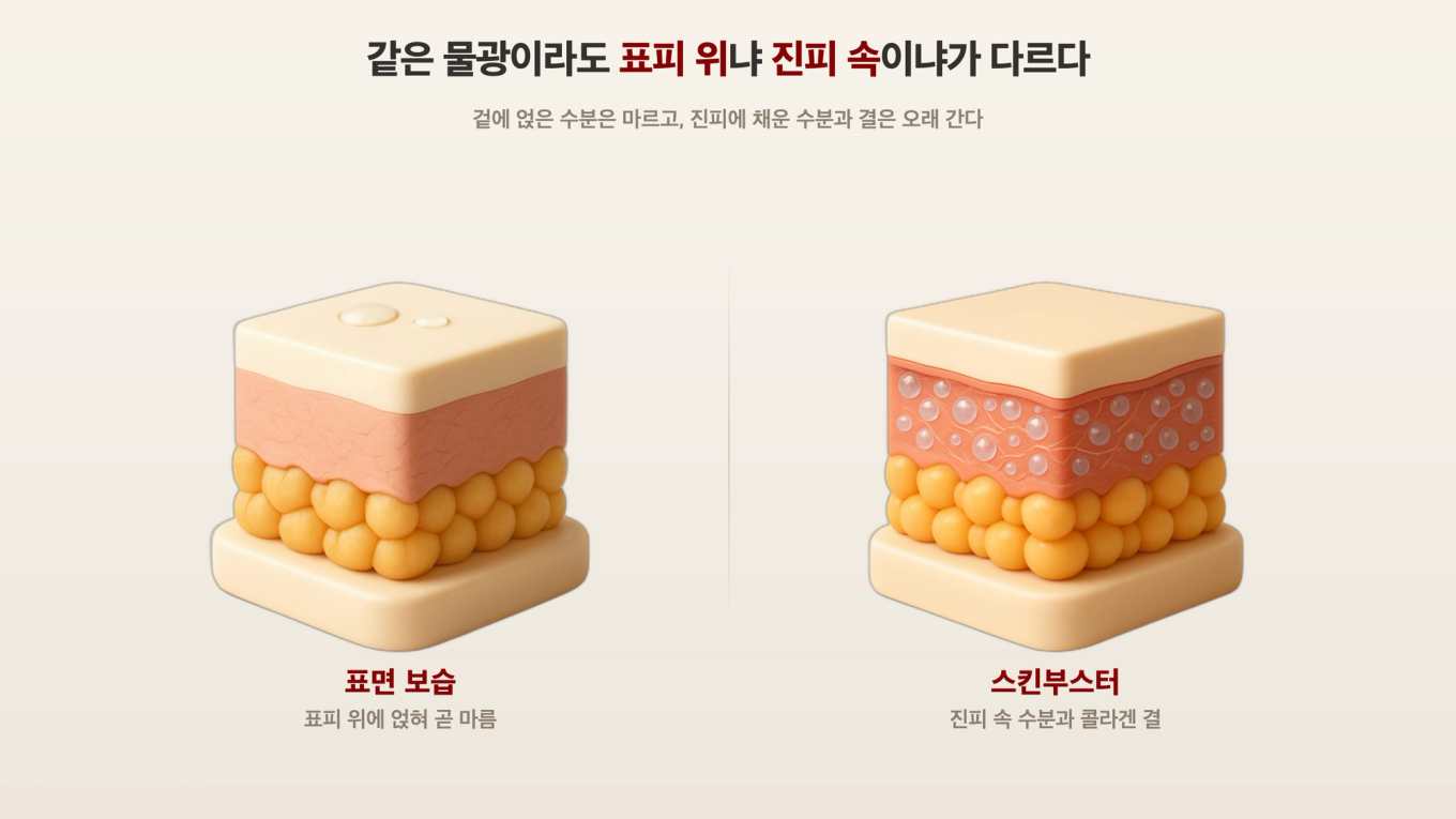 표피에 얹힌 표면 보습과 진피에 자리 잡은 스킨부스터의 작용 깊이를 피부 단면 3D 모형으로 대비한 도식
