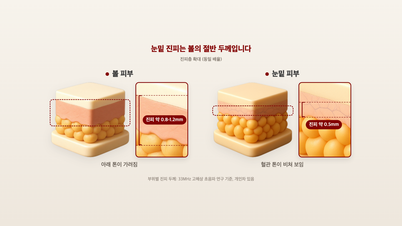볼 피부와 눈밑 피부 모형의 진피층을 같은 배율로 확대 비교 - 볼은 진피가 두꺼워 아래 톤이 가려지고, 눈밑은 절반 수준이라 혈관 톤이 비친다
