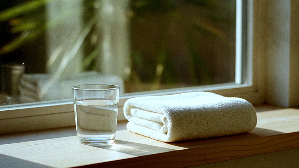 窓辺の穏やかな静物 - やわらかな午後の光の中に、畳んだタオルと水一杯
