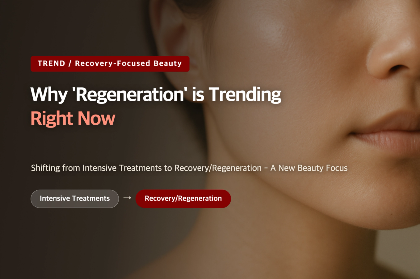 Thumbnail banner with the title of the recovery-focused beauty trend over a realistic close-up of healthy, smooth skin.