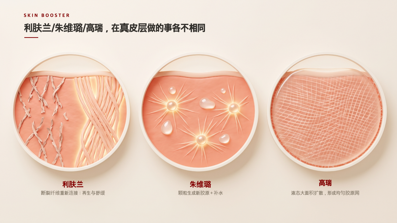 利肤兰专注于组织再生，朱维璐专注于胶原蛋白生成和补水，高瑞专注于提升整体紧致