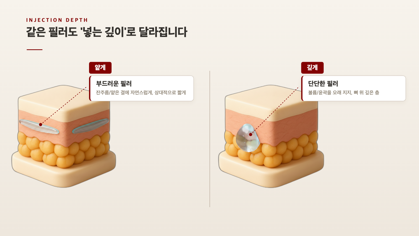 부드러운 필러는 얕은 층에 자연스럽게 통합되고 단단한 필러는 깊은 층에 볼륨을 오래 지지한다는 것을 피부 단면 3D 모형 두 개로 대비한 주입 깊이 도식