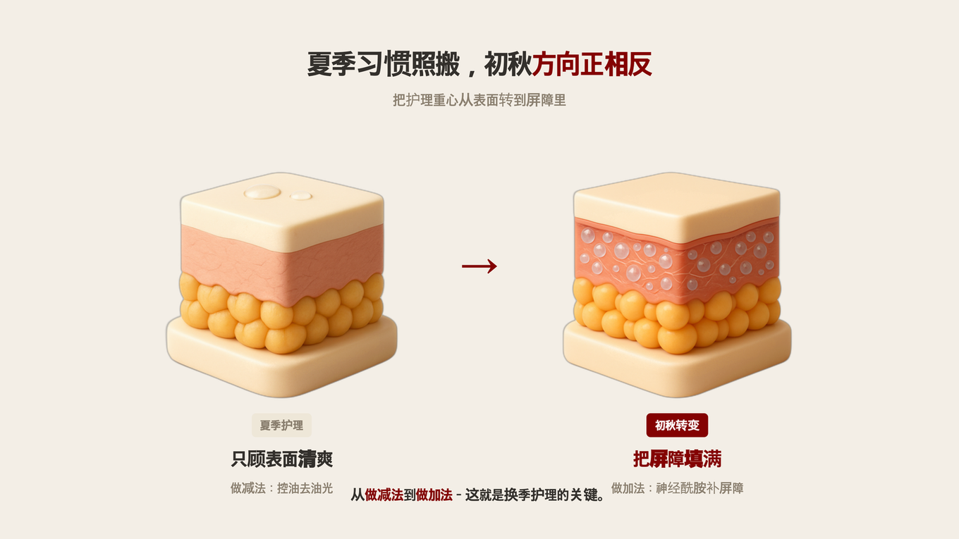 夏季专注于表面清爽的护理焦点应在初秋转向填补屏障，3D皮肤剖面模型对比图