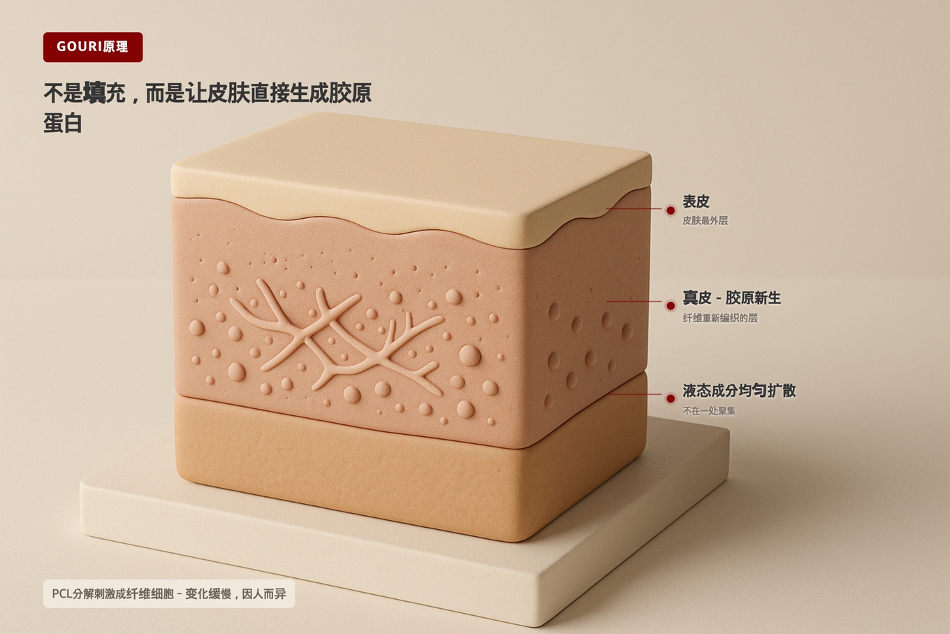 用温暖的米色调表现的皮肤切面层中胶原纤维新生过程的3D模型图