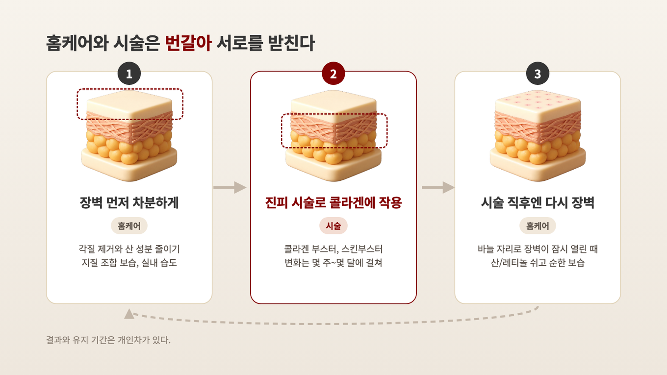 장벽을 먼저 차분하게 만들고, 진피 시술로 콜라겐에 작용하고, 시술 직후엔 다시 장벽을 지킨다