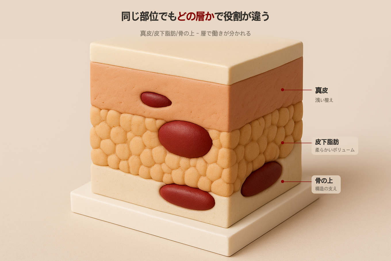 フィラーが真皮 皮下脂肪 骨の上の三層中どこに入るかによって役割が異なることを示す肌断面3Dモデル図